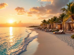 Plajă luxoasă cu cabane elegante și apus spectaculos.