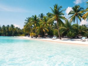 Plajă tropicală exotică cu nisip alb și ape cristaline.