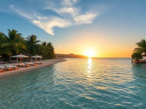 Plajă luxuoasă cu șezlonguri elegante și palmieri.