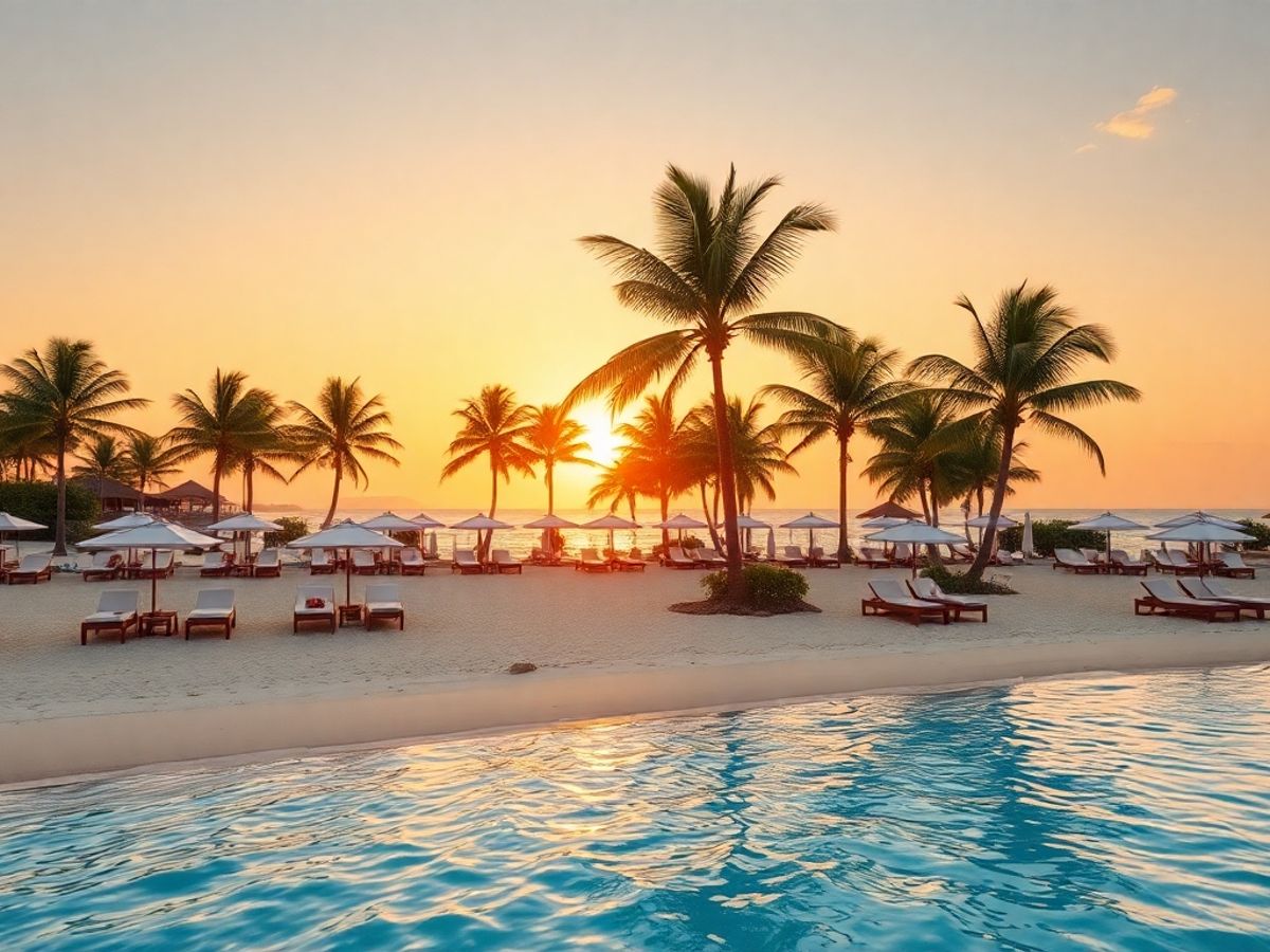 Plajă cu șezlonguri și palmieri la apus.