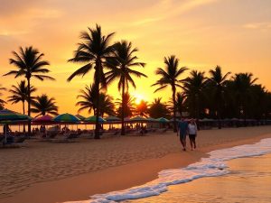 Plajă vibrantă la apus cu umbrele colorate.