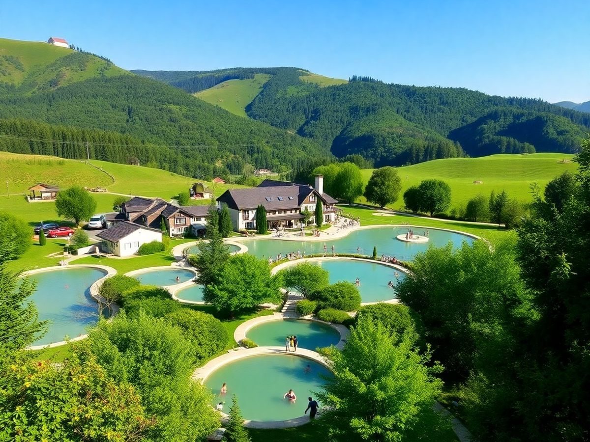 Peisaj balnear cu izvoare termale și oameni relaxându-se.