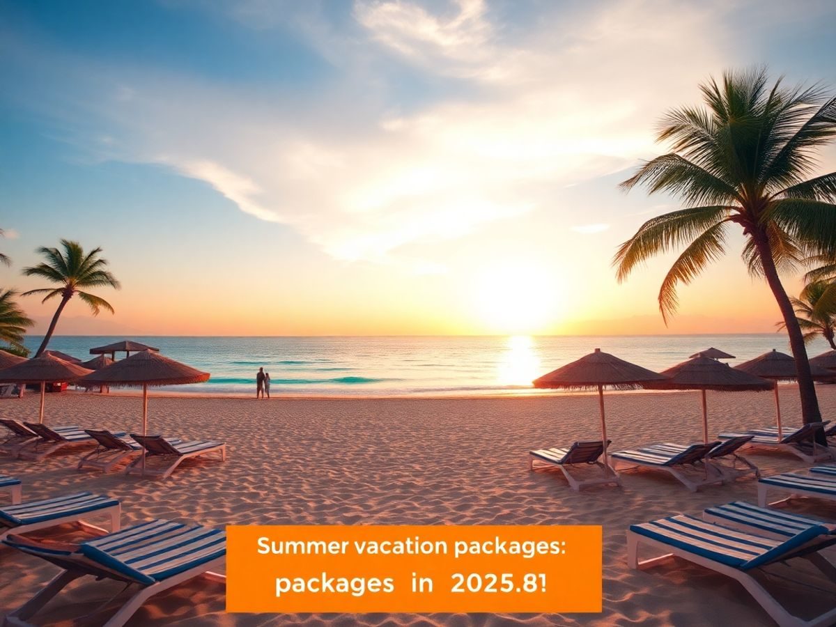 Plajă exotică cu șezlonguri și apus de soare.