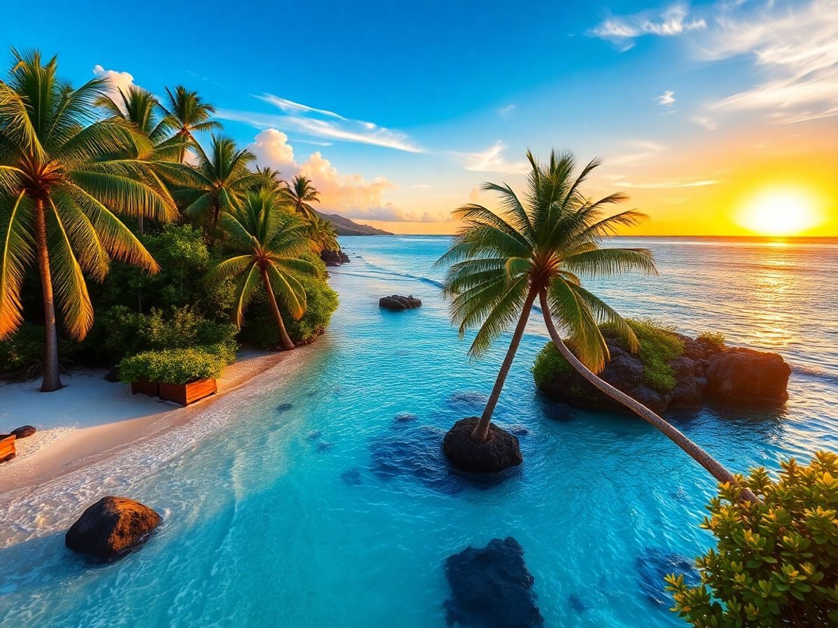 Plajă tropicală exotică cu ape cristaline și palmieri.