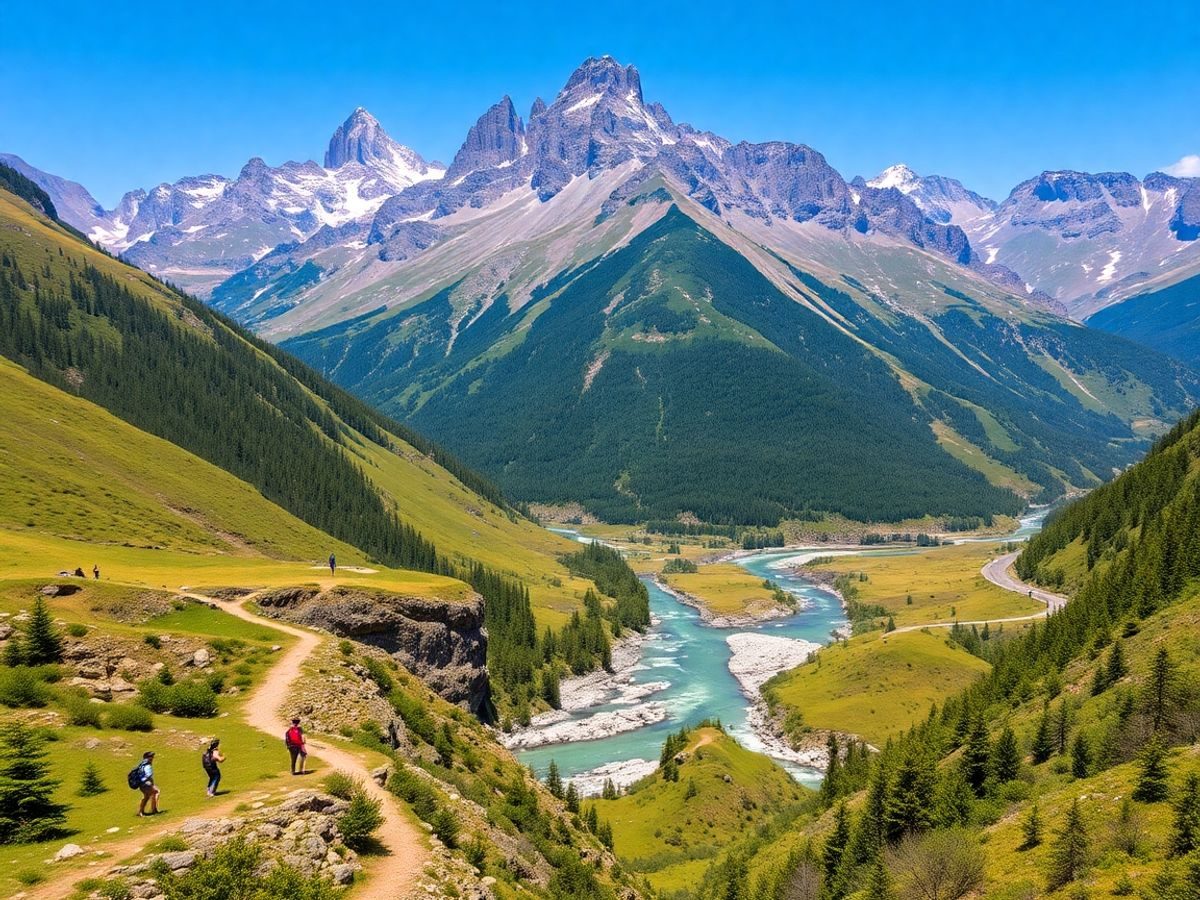 Peisaj montan cu aventurieri in natura salbatica.