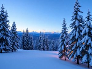 Peisaj de iarnă cu zăpadă, brazi, lumini calde, munte