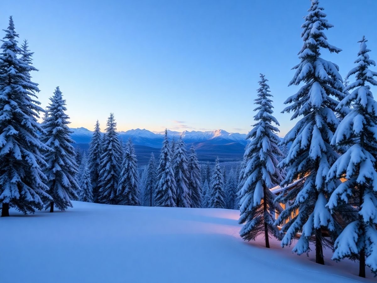 Peisaj de iarnă cu zăpadă, brazi, lumini calde, munte