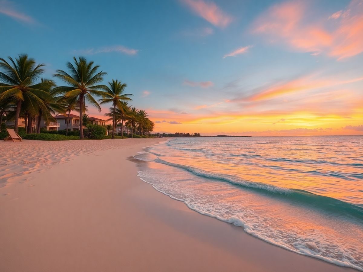 Plajă nisipoasă, palmieri, apus soare la orizont.