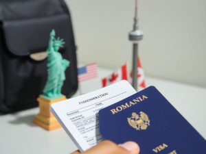 Pașapoarte, avioane, steaguri SUA-Canada, zgârie-nori luminoși