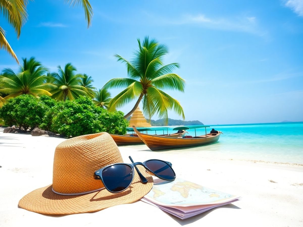 Plajă exotică cu apă turcoaz, palmieri, pălărie şi temple îndepărtate