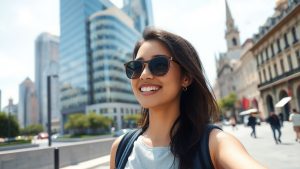 Persoană explorând un oraș străin sub lumina soarelui.