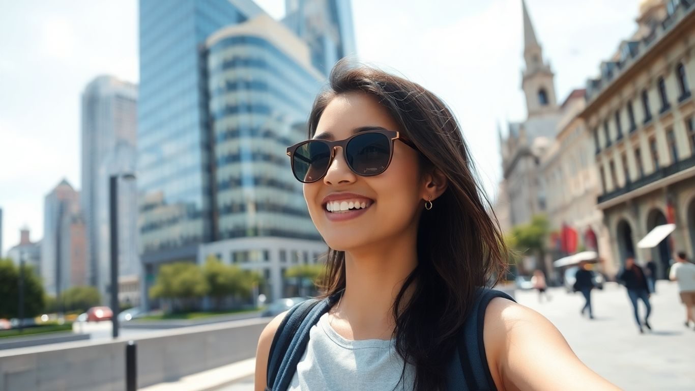 Persoană explorând un oraș străin sub lumina soarelui.