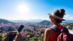 Călător cu rucsac privind oraș latino-american vibrant.