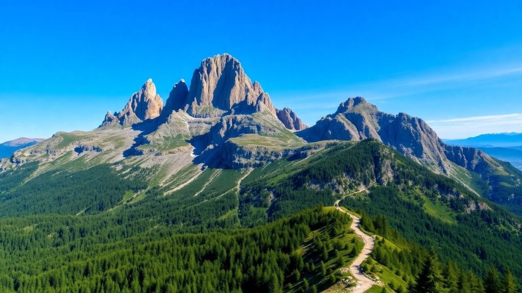 Peisaj montan spectaculos cu munți verzi și cer senin.