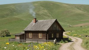 Căsuță rurală tradițională înconjurată de natură verde.